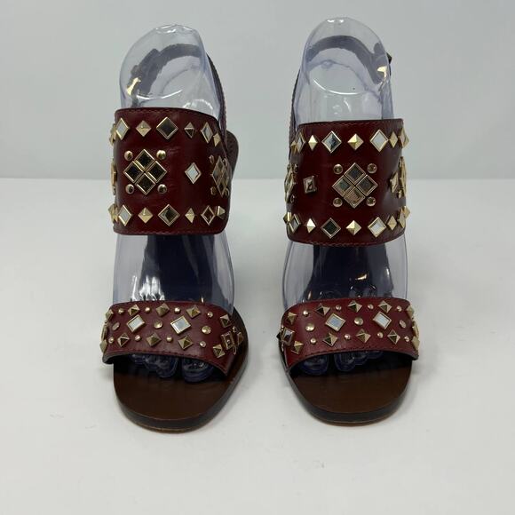 Tory Burch Women's Size 7 Kingsbridge Studded Open Toe Wedge Maroon Sandals - Picture 2 of 15